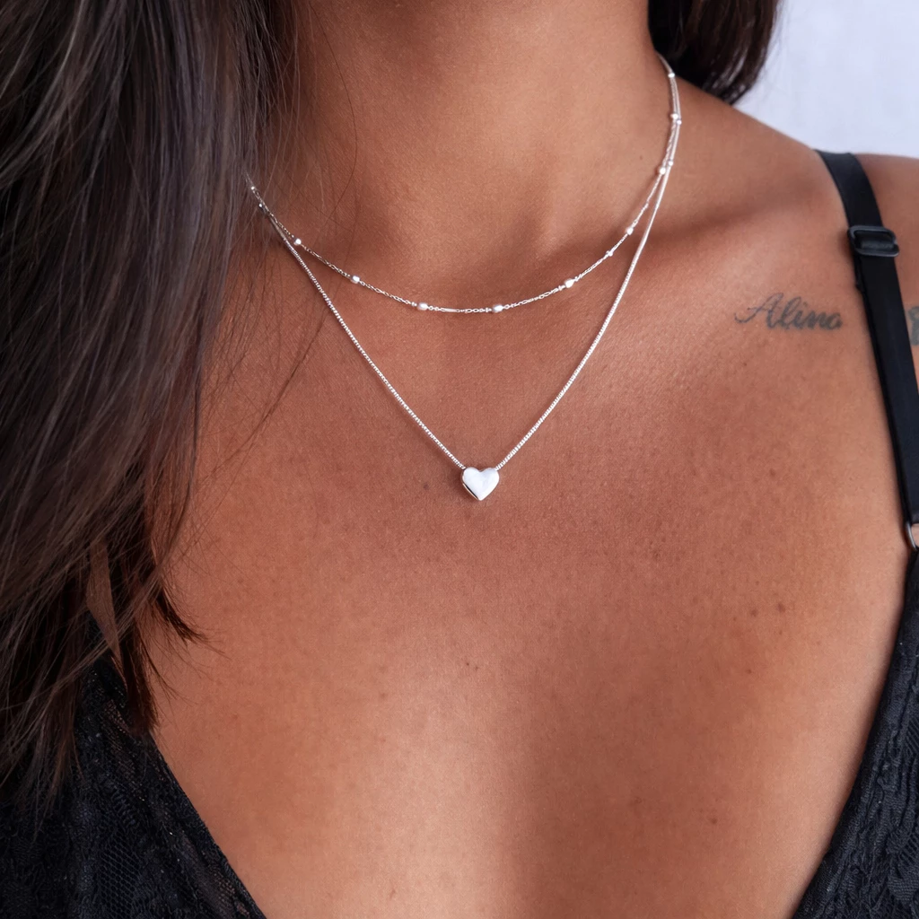 Colar Banhado Prata 925 Elegante Coração + Gargantilha Bolinhas